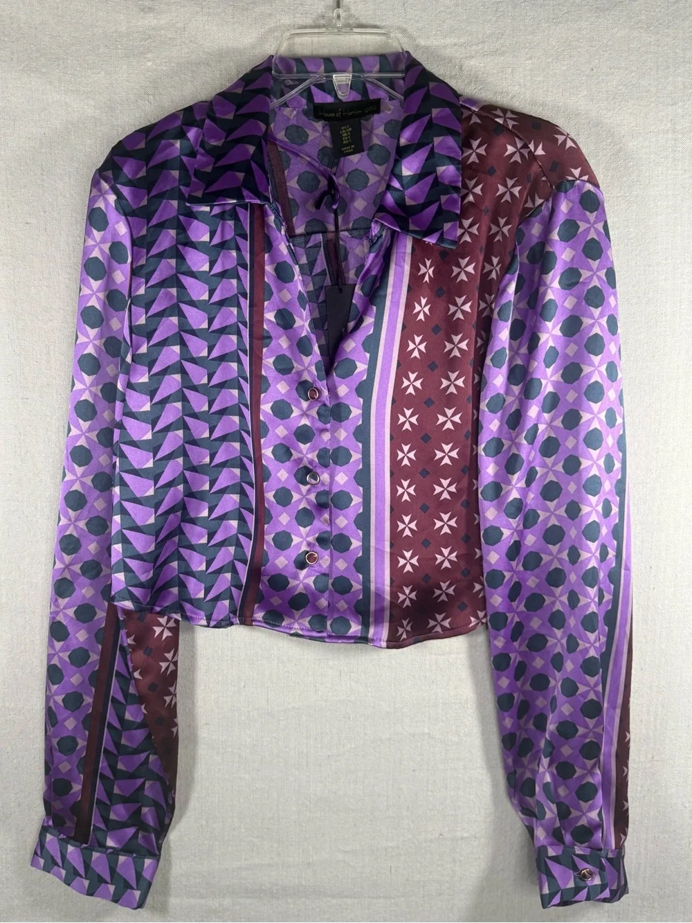 NWT House of Harlow 1960 Purple Mixed Print Cropped Blouse Small Satin Geometric